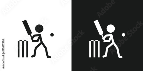 Cricket icon pictogram vector design. Stick figure man cricket player or cricketer vector icon sign symbol pictogram. Bat, ball, stumps, bails