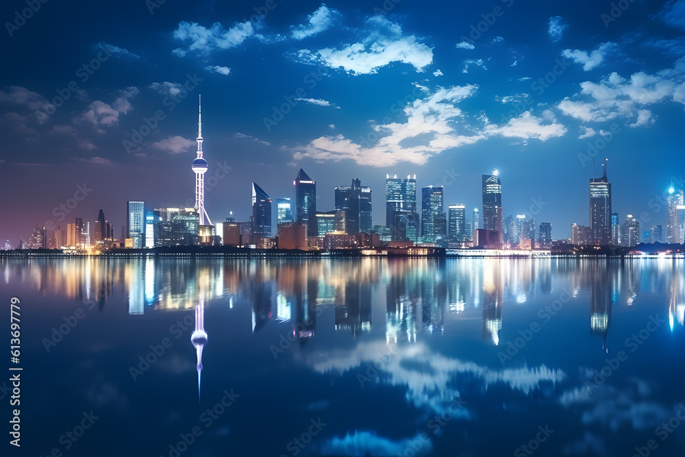 Naklejka premium city skyline at night reflection on river view