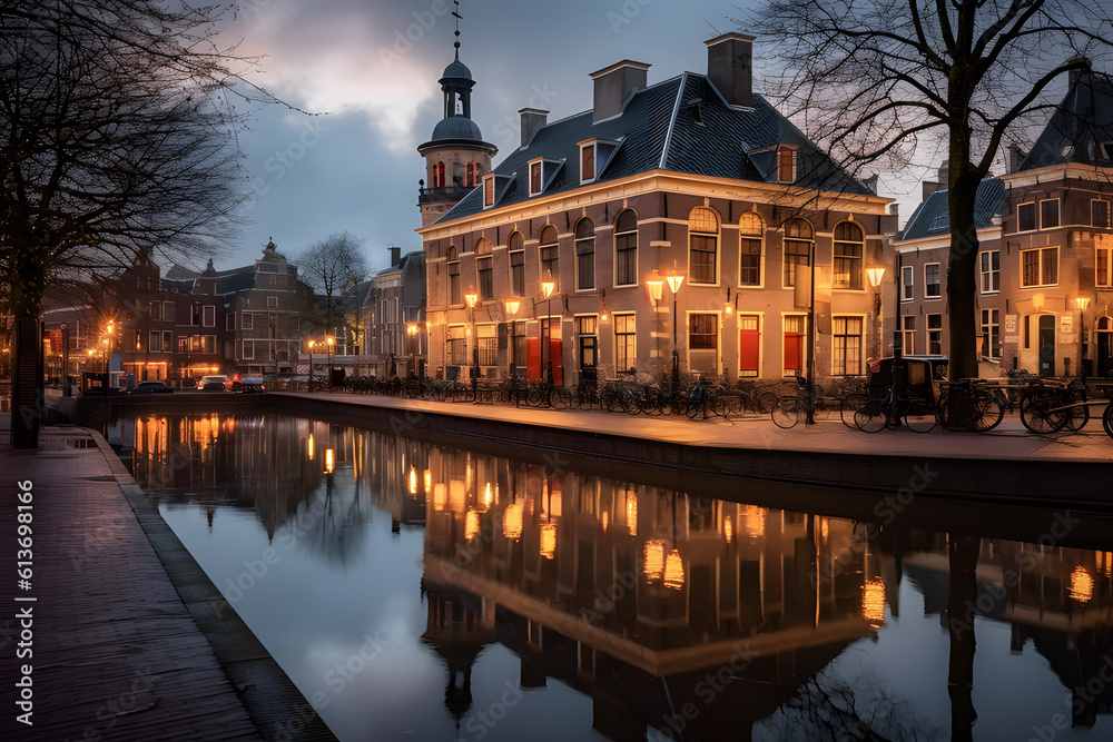 Fototapeta premium De Waag (Weigh building) near the Waagplein Square at dusk night time, Alkmaar, Netherlands