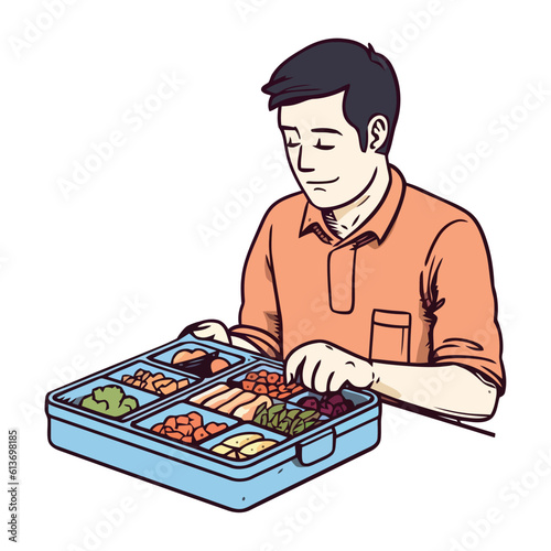 Adult holding healthy meal basket, smiling happily