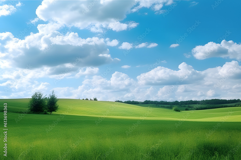 Beautiful green summer landscape with fields, hills and pond (Generative AI)