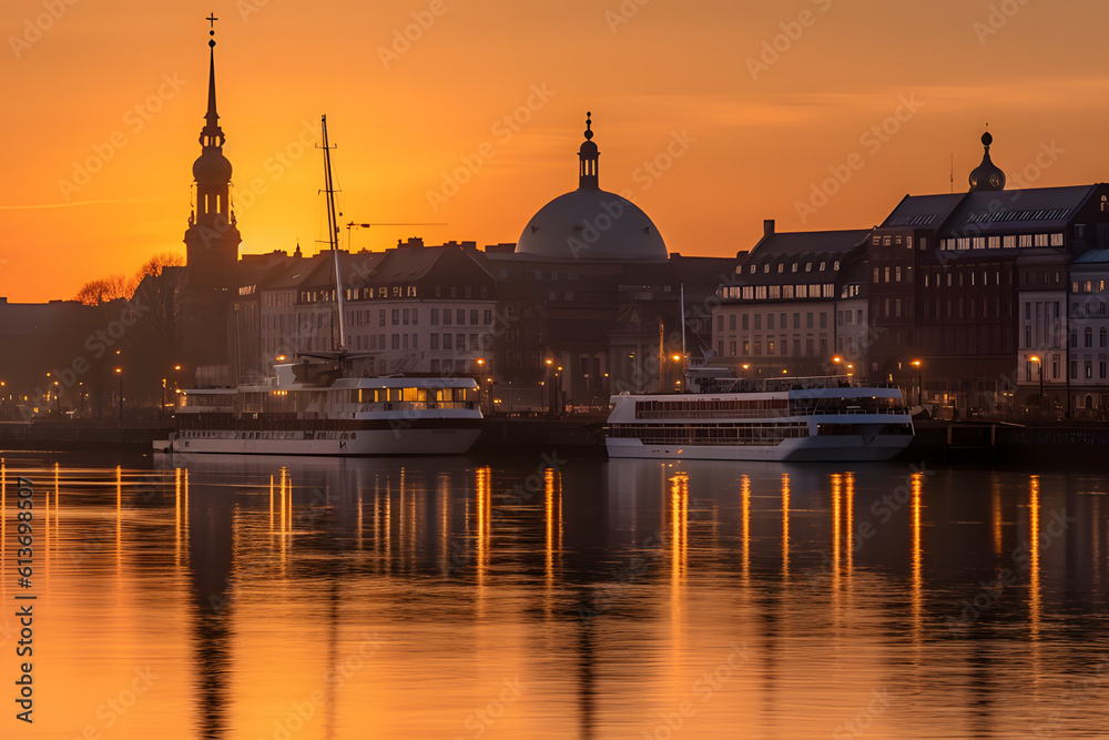 Hamburg skyline along the Elbe River at night