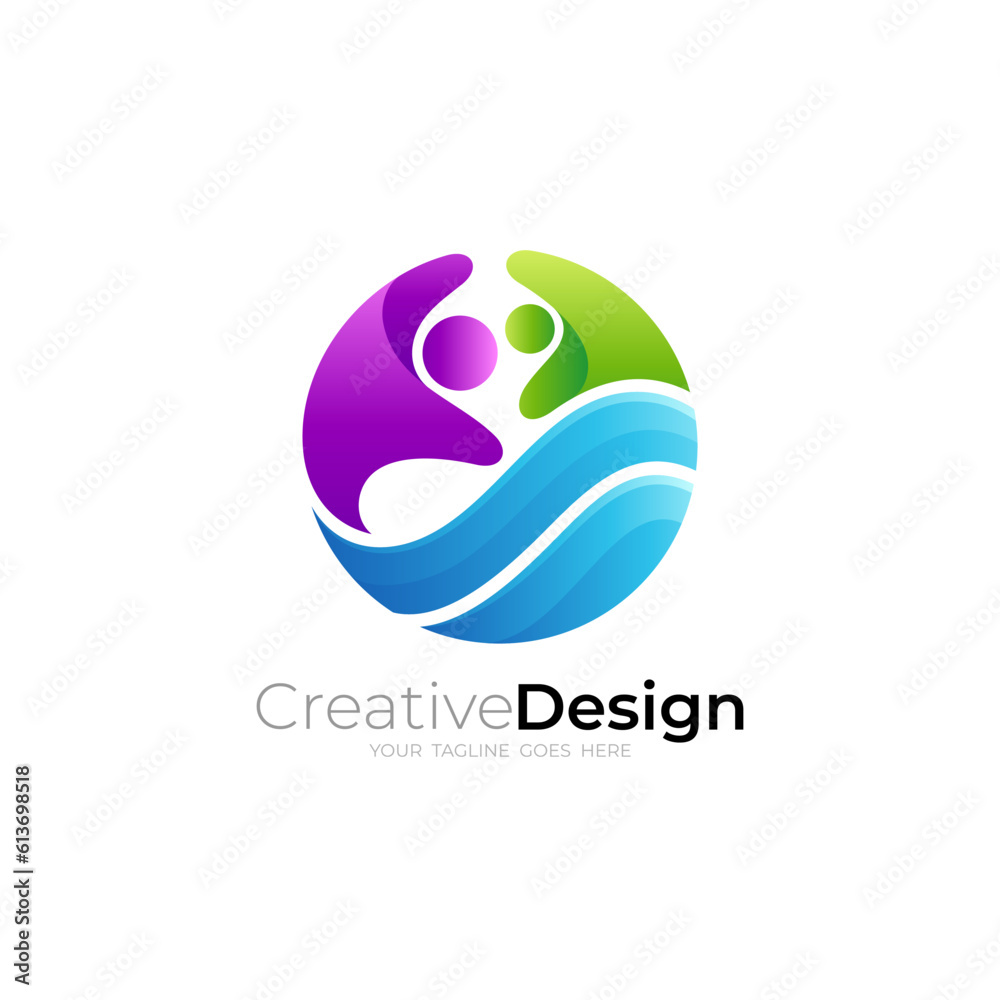 Family care logo and globe design combination, social icons, human logo and wave