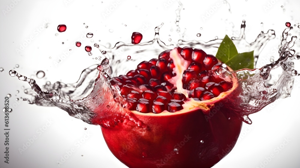 Sliced of red pomegranate or Punica granatum fruit with water splashing white background. Generative AI technology. Sliced of red pomegranate or Punica granatum fruit with water splashing white background. Generative AI technology.