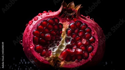 Sliced of red pomegranate or Punica granatum fruit with water drops isolated on black background. Generative AI technology. photo