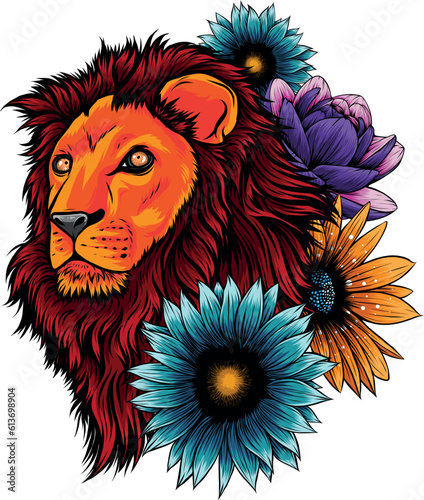 vector illustration of The head of a lion in a flower ornament