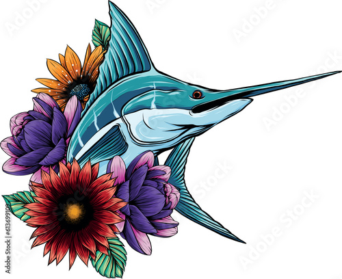 vector illustration of Marlin Sailfish Swordfish with flowers