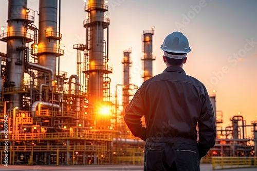 Refinery industry engineer are working and discussing at front oil and gas industrial factory, Oil refinery plant for industry
