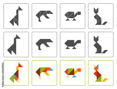 Tangram puzzle for kids. Set of tangram animals.