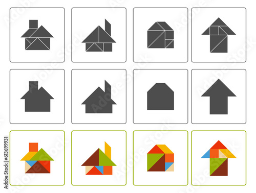 Tangram puzzle for kids. Set of tangram houses.