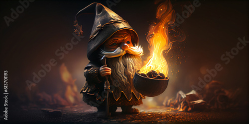 Fairytale gnome near the tourist night camp fire. Generative AI