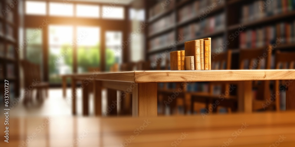 empty wooden table library blurred empty wooden table library blurred