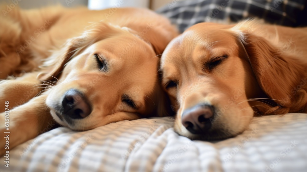 Two cute dogs cuddling and sleeping together on a bed. Generative AI illustration.