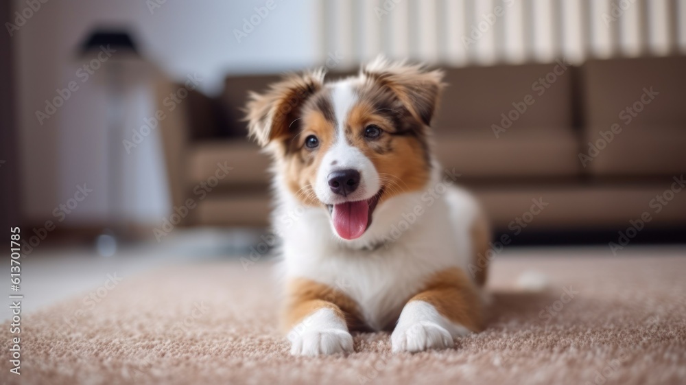 Close-up portrait of a cute happy dog. Generative AI illustration.