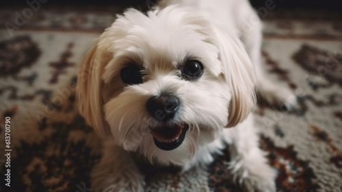 Close-up portrait of a cute happy dog. Generative AI illustration.