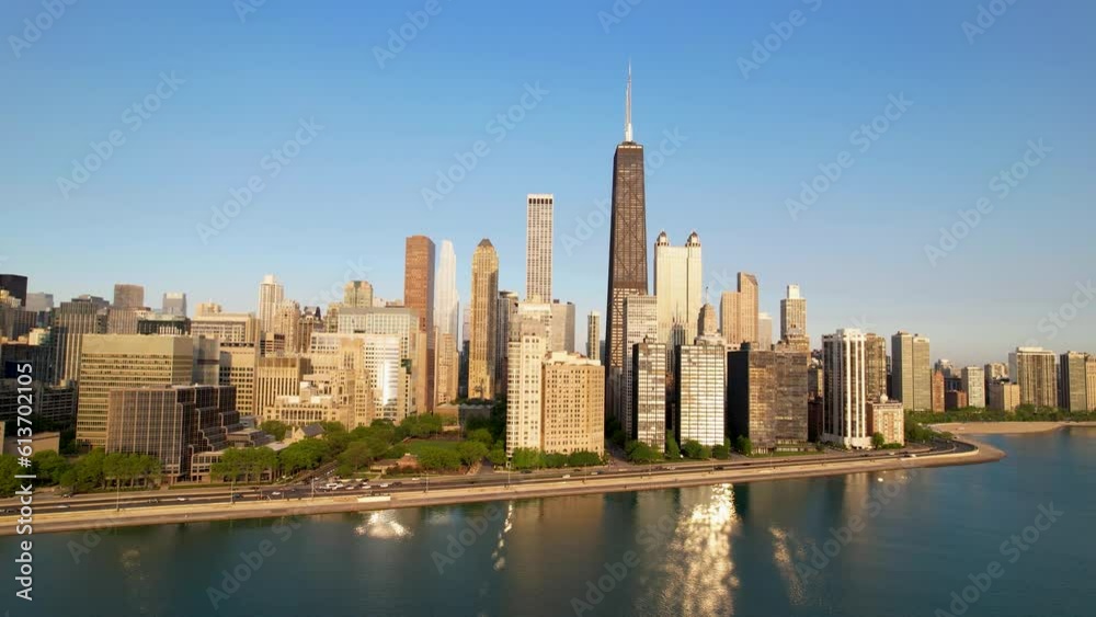 Chicago City Skyline With Morning Sunbeams Shinning On Lake Michigan Chicago City Skyline With Morning Sunbeams Shinning On Lake Michigan