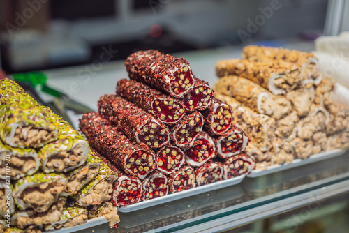 Photography Traditional oriental sweet pastry cookies, nuts, dried fruits, pastilles, marmal