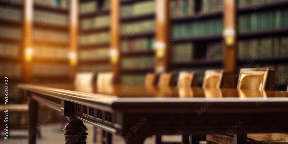 empty wooden table library blured