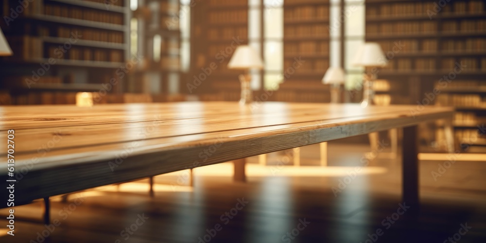 empty wooden table library blured