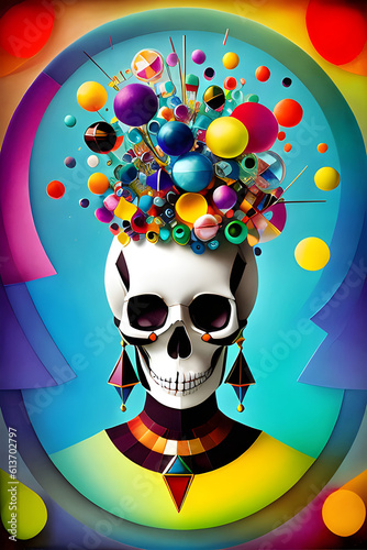 Image of a skull done in geometric cubism glass style. Very colorful. (AI-generated fictional illustration) 