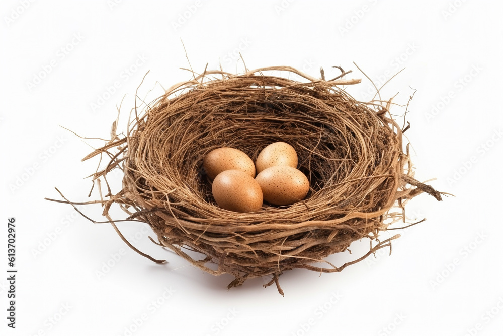 Bird nest with eggs on white background - Generative AI Bird nest with eggs on white background - Generative AI