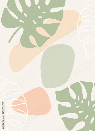 Tropical leaves minimal style with pastel background. design for wall art, prints, fabrics, lock screen, summer sale banner and wallpaper. Vector Illustration