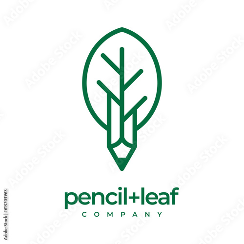 Pencil and leaf in minimalist line art style logo design. Ecology, education, nature, grow, tree, pen, go green. Vector illustration