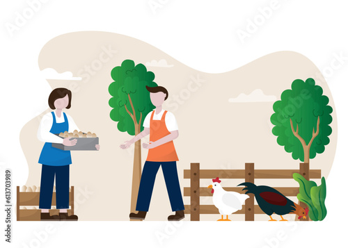 Chicken farm Vectors Illustrations, people take chicken eggs illustration, flat cartoon style