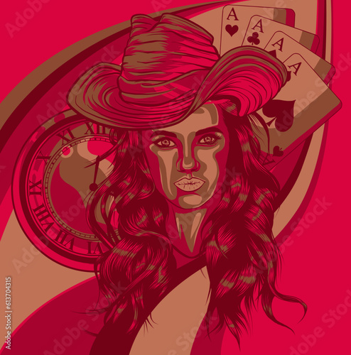 Cowboy girl face with hat. vector Illustration.