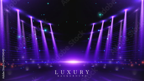 Dark stage backdrop with purple spotlight effect decoration with blue bokeh and glowing rays. Modern luxury style background.