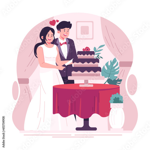 Couple cutting cake on wedding day
