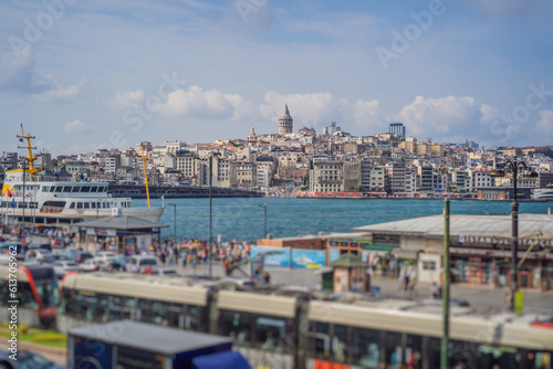 Istanbul city skyline in Turkey, Beyoglu district old houses with Galata tower on top, view from the Golden Horn