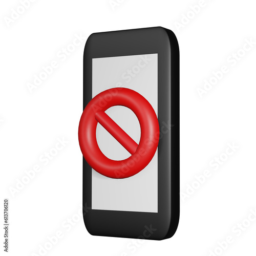 Icon 3D mobile phone with prohibition sign red vector Illustration.Modern mobile phone with a red stop sign.