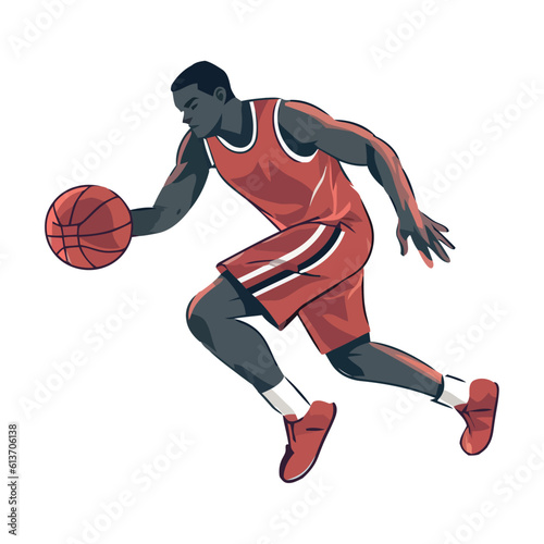 Muscular basketball player dribbling ball to success