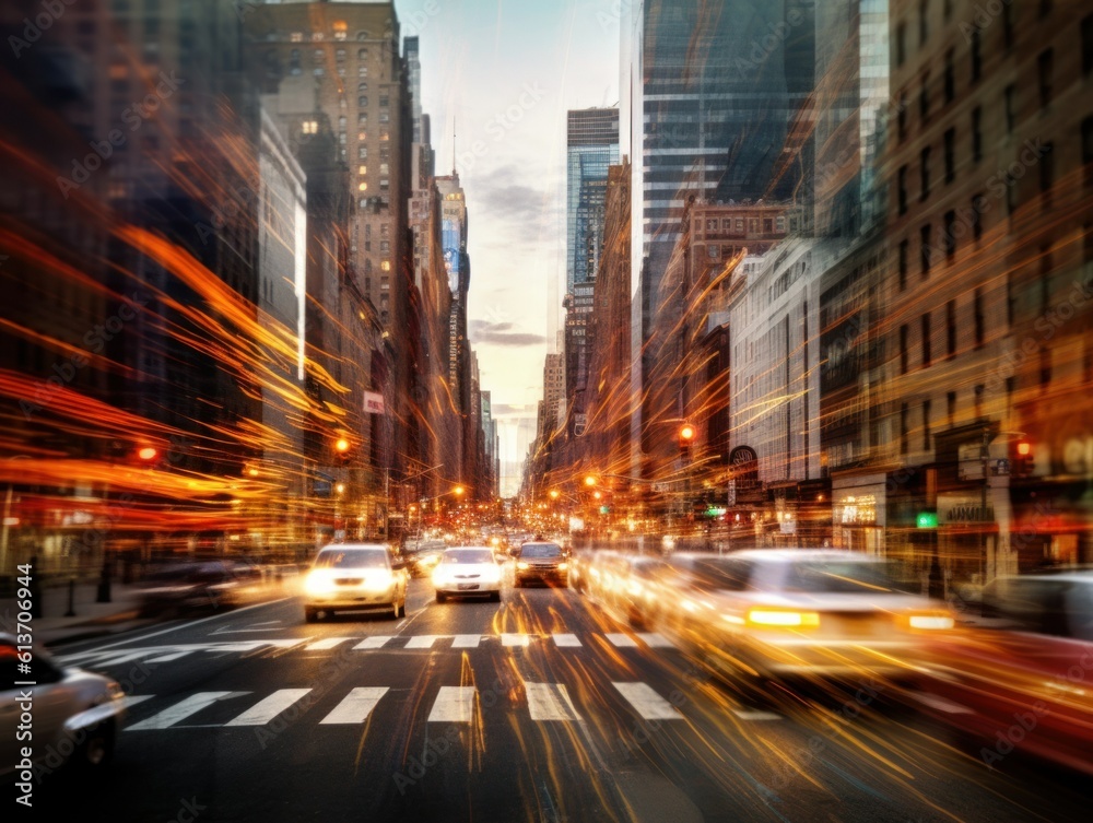 Traffic in a metropolis city at night, motion blur, fast movement effect. Generative AI illustration.