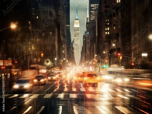 Traffic in a metropolis city at night  motion blur  fast movement effect. Generative AI illustration.