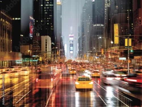 Traffic in a metropolis city at night, motion blur, fast movement effect. Generative AI illustration.