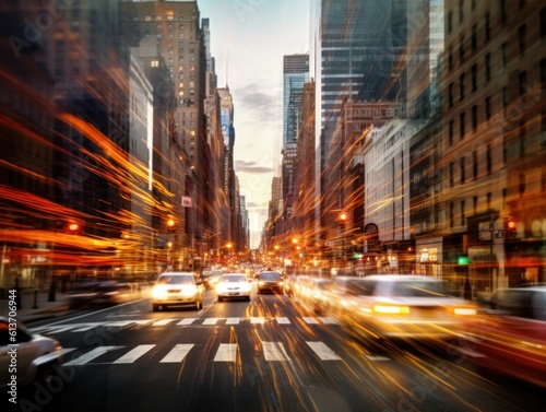 Traffic in a metropolis city at night  motion blur  fast movement effect. Generative AI illustration.