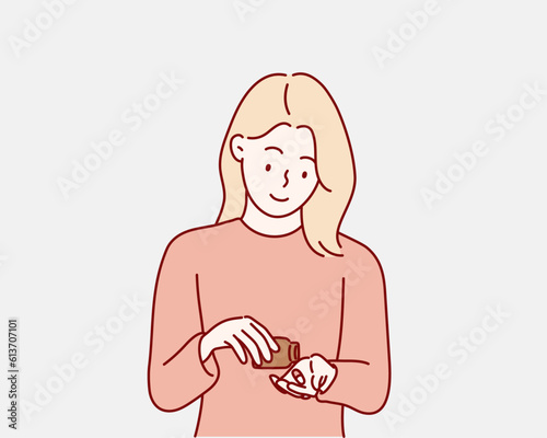 girl taking drugs pills. Hand drawn style vector design illustrations.