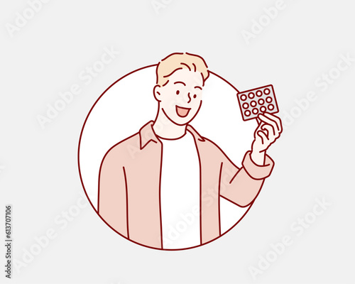 smiling man hold medicine pills. Hand drawn style vector design illustrations.