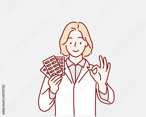 Doctor with medication. woman doc holding pills showing ok-sign. Hand drawn style vector design illustrations.