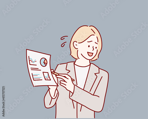  pleasantly surprised woman, holding opened folder in hands, not believing in what she saw. Hand drawn style vector design illustrations.
