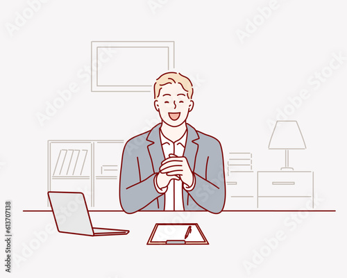  successful businessman, man working in the office sitting at the table. Hand drawn style vector design illustrations.