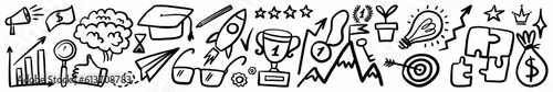 A horizontal collection of icons of business success and victory, hand-drawn in the style of doodles.