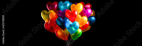 Colorful Heart Balloons, Love in the Air: Vibrant Heart Balloons Soars Against a Dramatic Black Backdrop.
