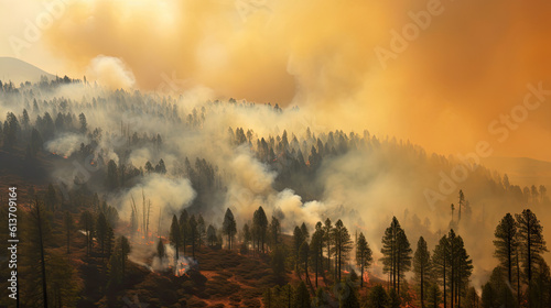 Burning trees from wildfires and smoke cover the landscape
