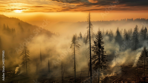 Burning trees from wildfires and smoke cover the landscape