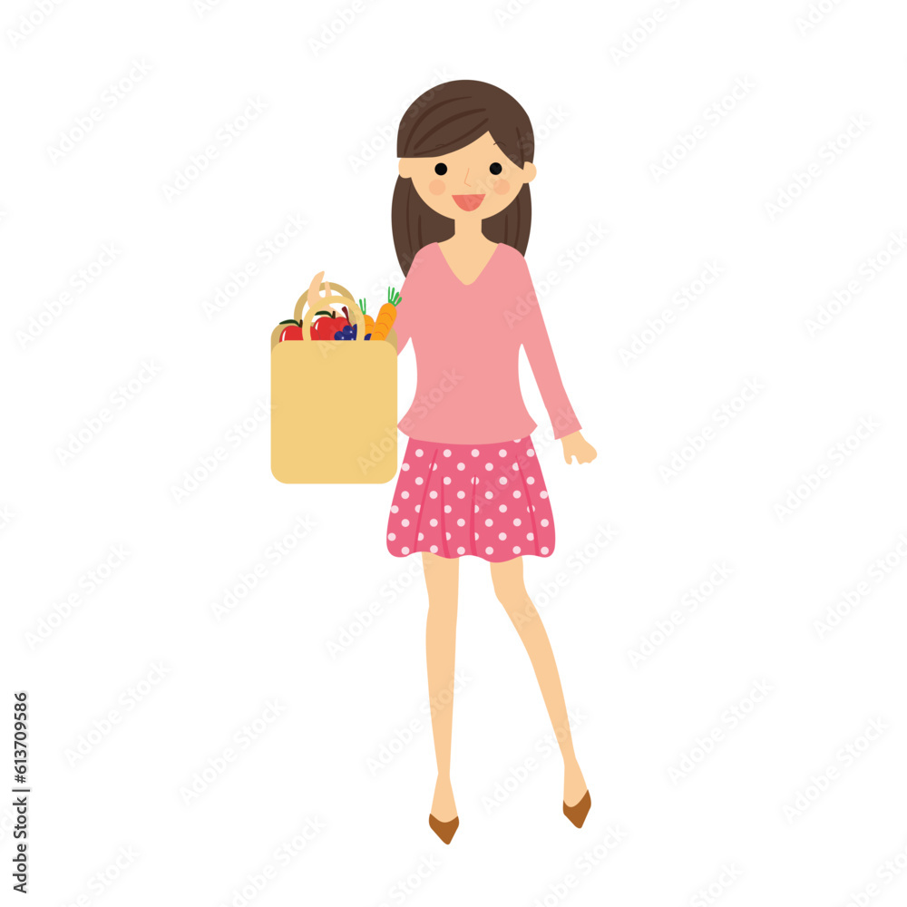 Young woman with a shopping bag full of groceries vector Illustration on a white background