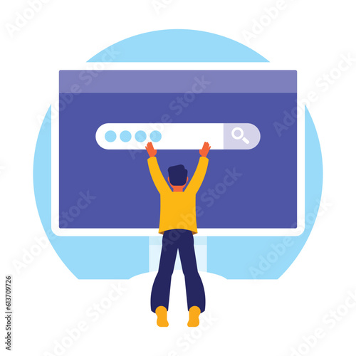 Vector illustration of a man holding a virtual browser window. Flat style design.
