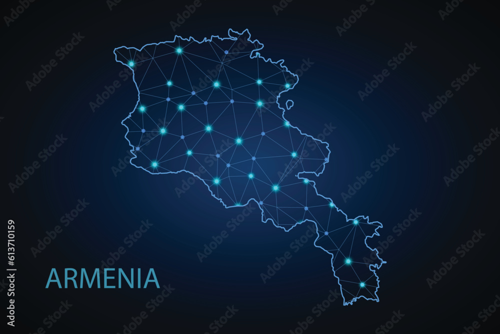 Map of Armenia. Wire frame 3D mesh polygonal network line, design sphere, dot and structure. communications map of armenia.